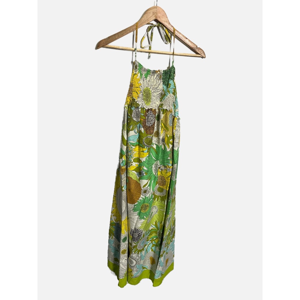 Liberty of London Maxi Dress Womens XL Green Floral Halter Smocked Boho Summer - Picture 3 of 6